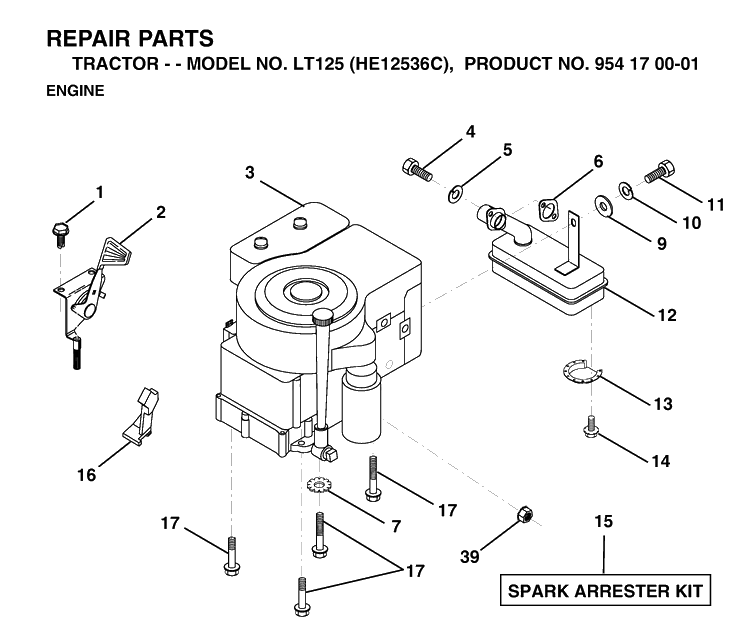 Engine Diagram and Parts List for LT125 (HE12536C)(1998-03) Husqvarna Lawn Tractor