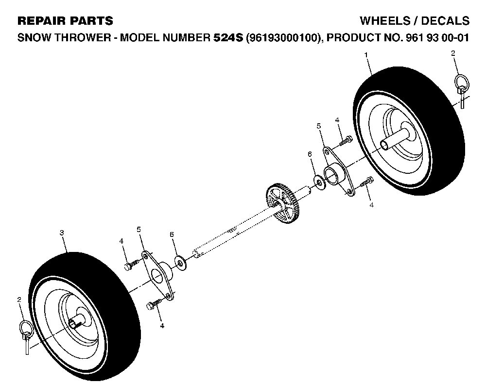 Wheels And Tires Diagram and Parts List for 524S (96193000100)(2006-06) Husqvarna Snow Blower