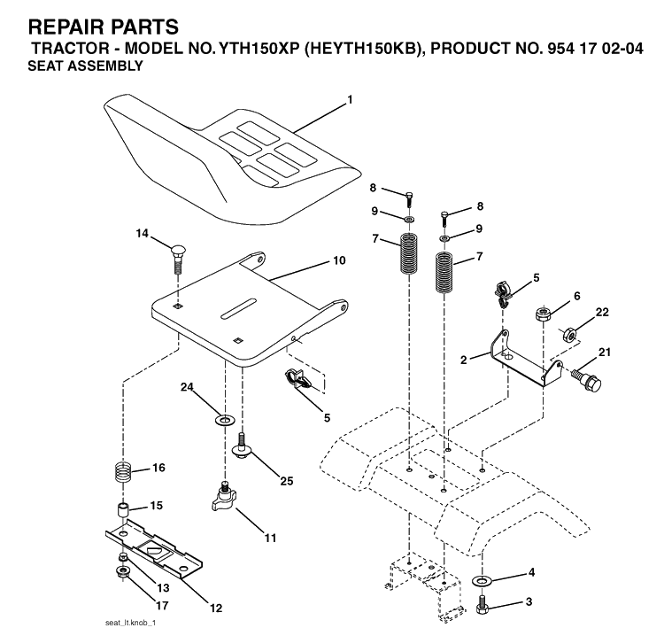 Seat Diagram and Parts List for YTH150XP (HEYTH150KB)(2004-01) Husqvarna Lawn Tractor