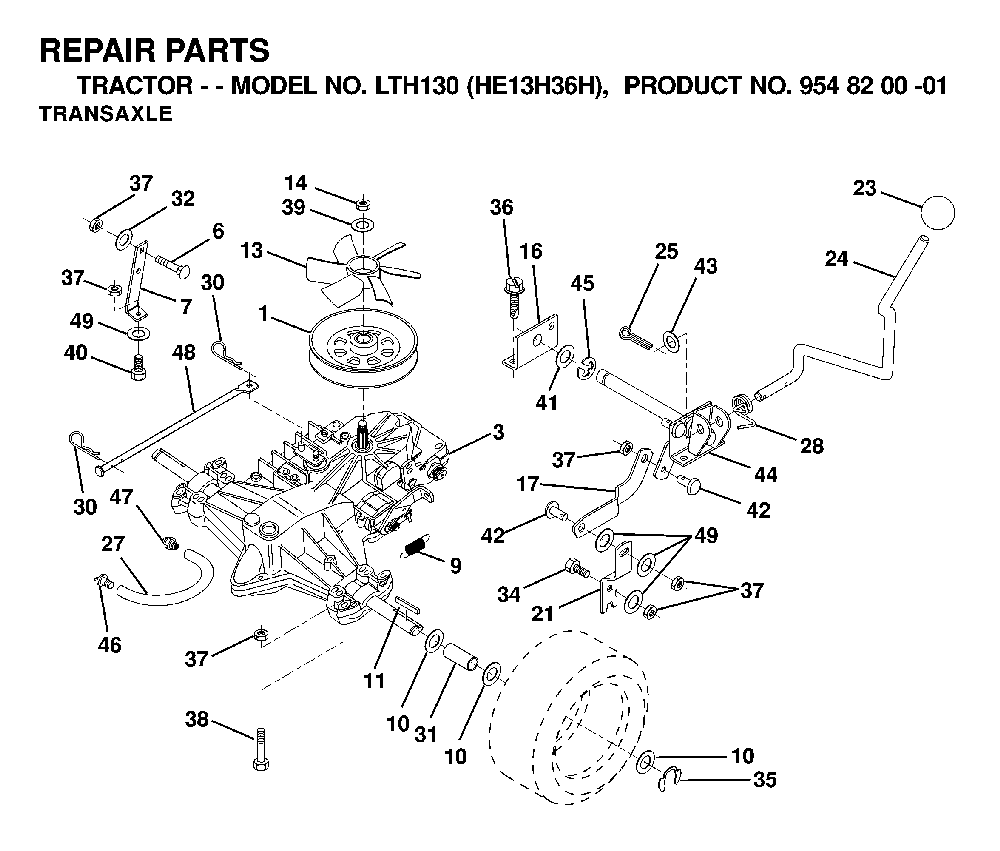 Transmission Diagram and Parts List for LTH130 (HE13H36H, 954820001)(2000-02) Husqvarna Lawn Tractor