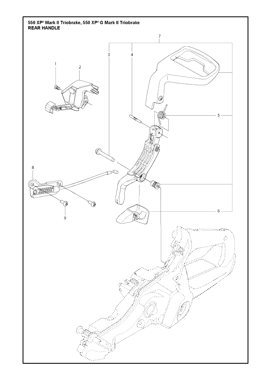 Rear Handle Diagram and Parts List for 550XP-XPG (Mark II)(TRIOBRAKE) Husqvarna Chainsaw