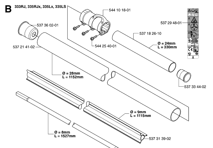 Shaft 2 Diagram and Parts List for 335LS 20070100001-Current Husqvarna Edger