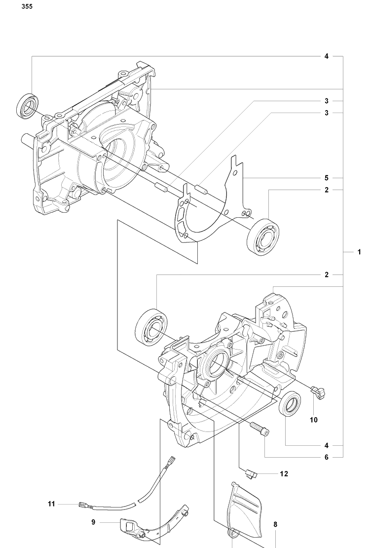 Crankcase (355) Diagram and Parts List for 355FXT 2008-07 Husqvarna Brush Cutter