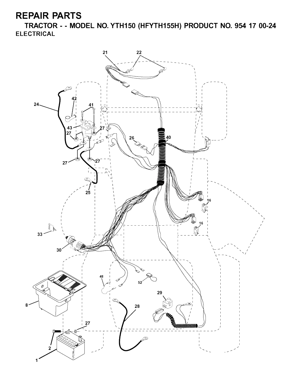 Electrical Diagram and Parts List for YTH150 (954170024-H)(2001-03) Husqvarna Lawn Tractor