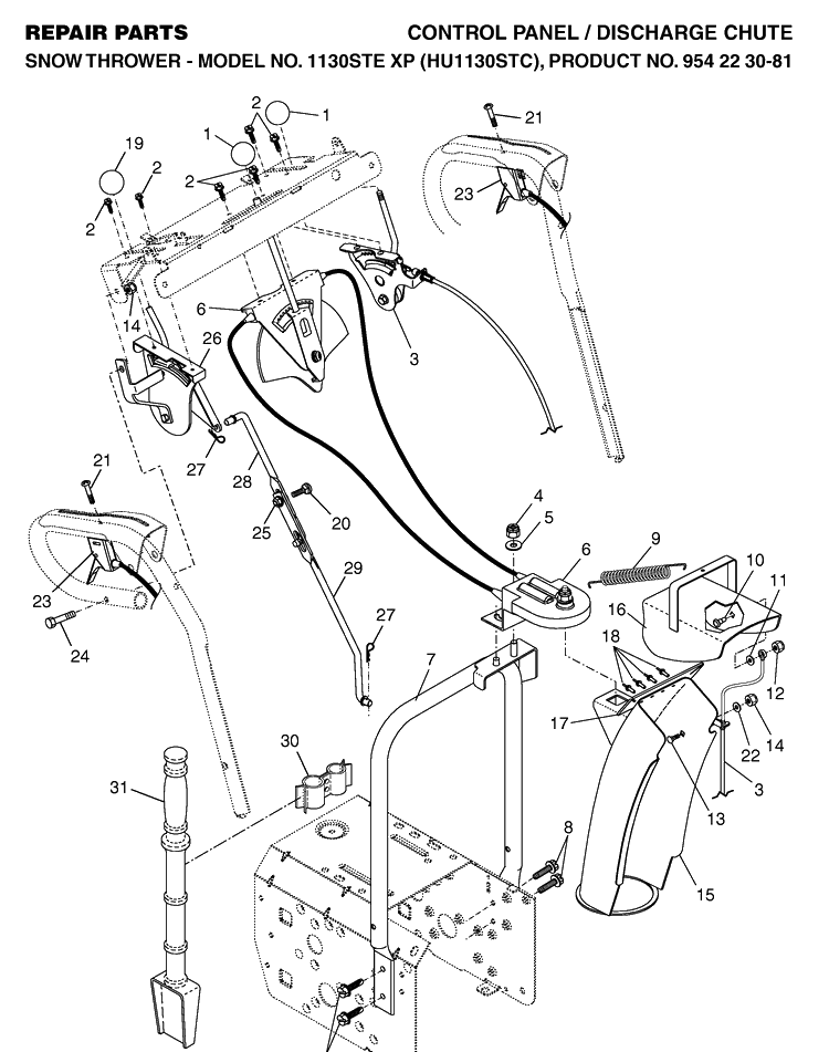 Control Panel And Discharge Chute Diagram and Parts List for 1130STEXP (HU1130STC)(2004-07) Husqvarna Snow Blower