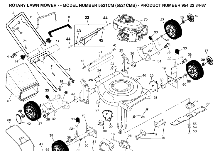 Product Complete Diagram and Parts List for 5521CM (954223487)(2003-09) Husqvarna Lawn Mower