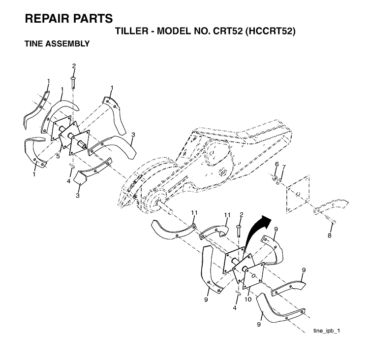 Tine Assembly Diagram and Parts List for CRT52 (HCCRT52)(1997-01) Husqvarna Cultivator