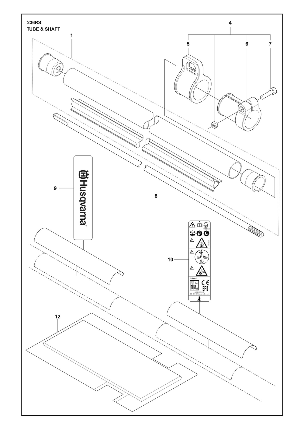 Tube And Shaft Diagram and Parts List for 236RS  Husqvarna Brush Cutter