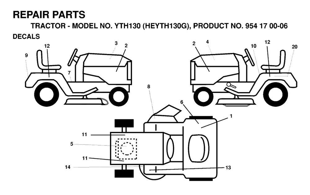 Decals Diagram and Parts List for YTH130 (954170006-G)(1998-12) Husqvarna Lawn Tractor