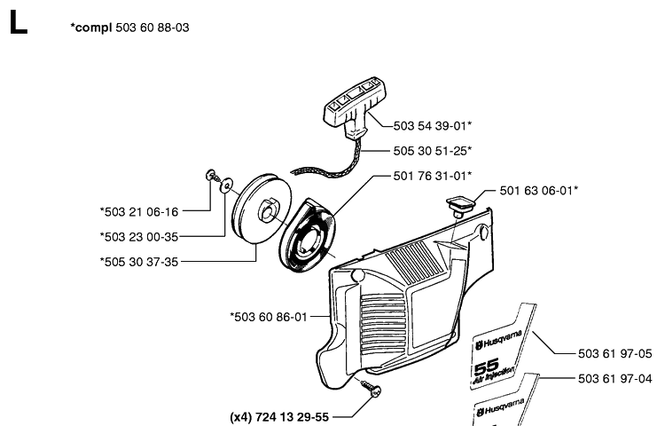 Starter Diagram and Parts List for 51 19982300001-20001900000 Husqvarna Chainsaw