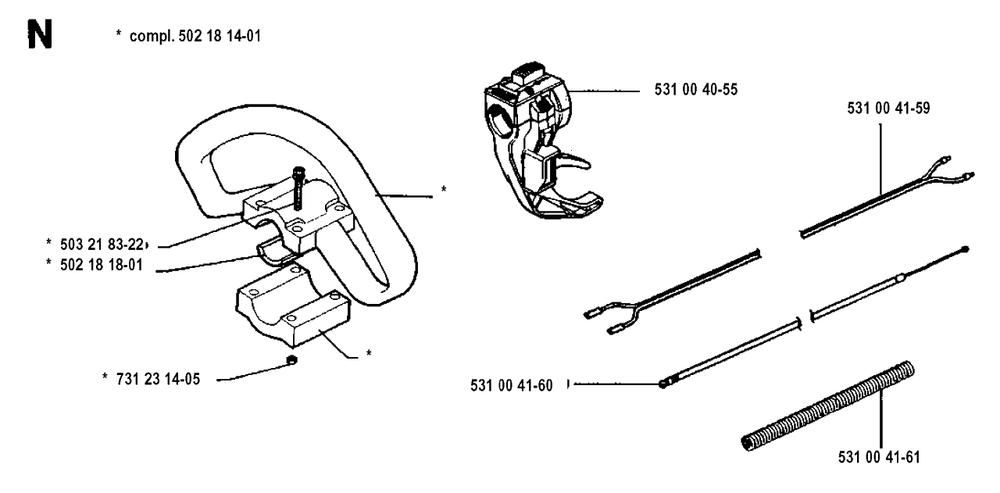 Handle And Controls Diagram and Parts List for 125RB 19931400001 & Above Husqvarna Trimmer