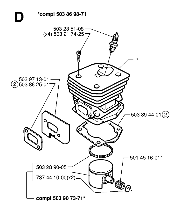 Cylinder Piston Diagram and Parts List for 346XP 19991000001-20012200000 Husqvarna Chainsaw