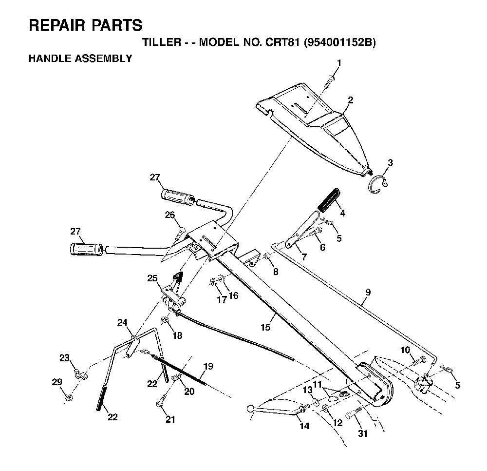 Handle And Controls Diagram and Parts List for CRT81 (954001152B)(1995-12) Husqvarna Tiller