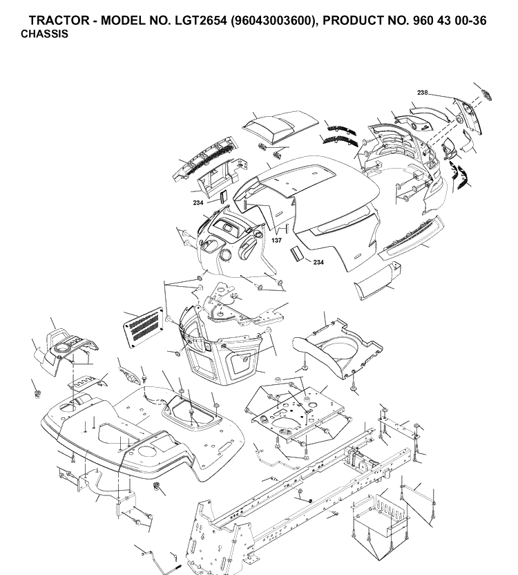Chassis And Enclosures Diagram and Parts List for LGT2654 (96043003600)(2006-12) Husqvarna Lawn Tractor