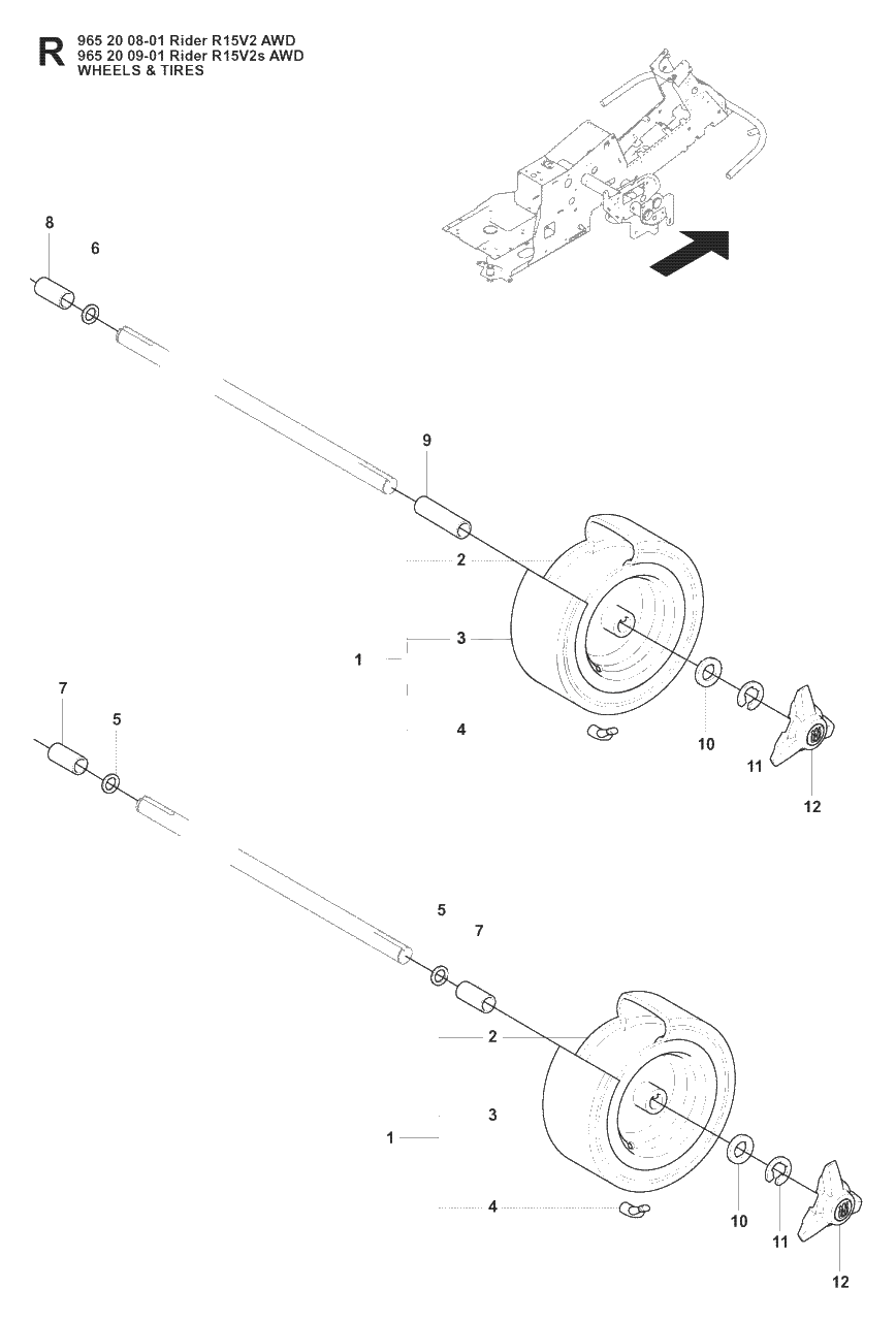 Wheels And Tires Diagram and Parts List for R15-V2AWD (965200901)(2008-01) Husqvarna Lawn Tractor