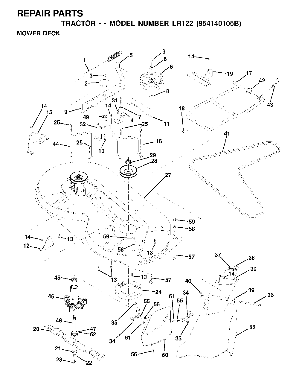 Mower Deck / Cutting Deck Diagram and Parts List for LR122 (954140105B)(2000-01) Husqvarna Lawn Tractor