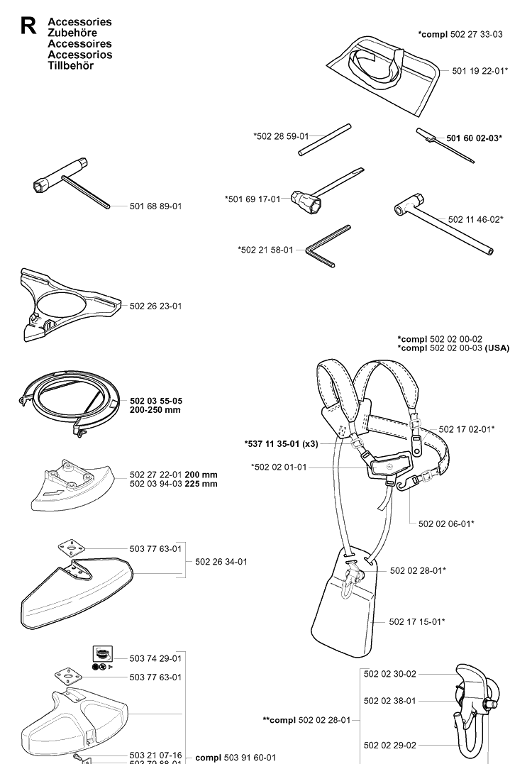 Accessories Diagram and Parts List for 252RX 20011800001-20023100000 Husqvarna Brush Cutter