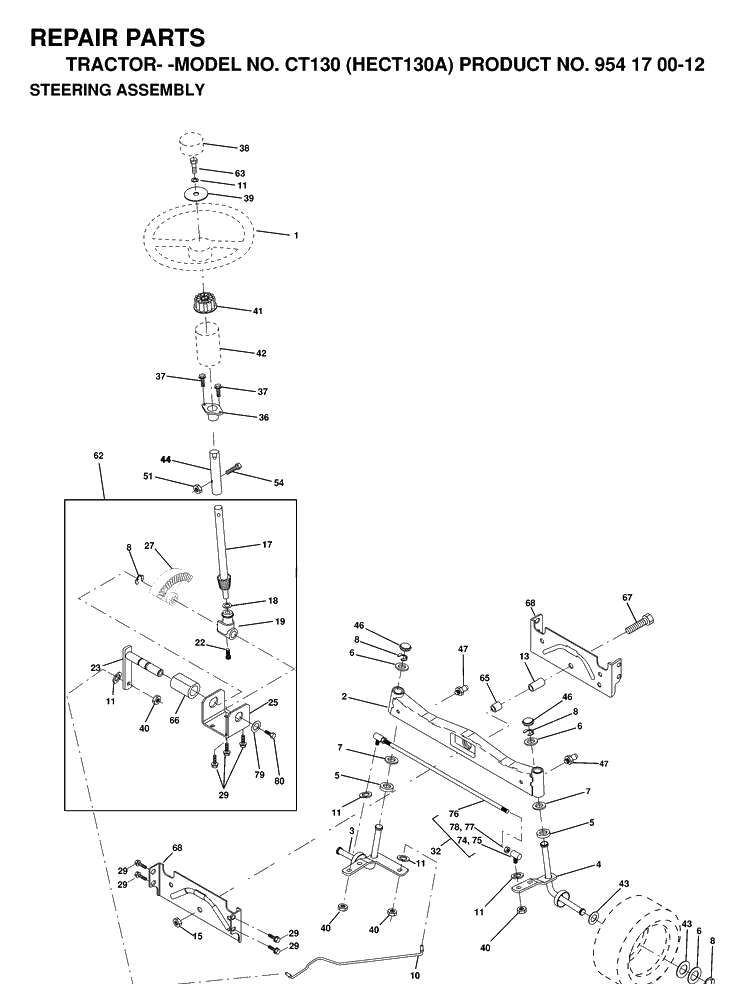 Steering Diagram and Parts List for CT130 (HECT130A)(1999-03) Husqvarna Lawn Tractor