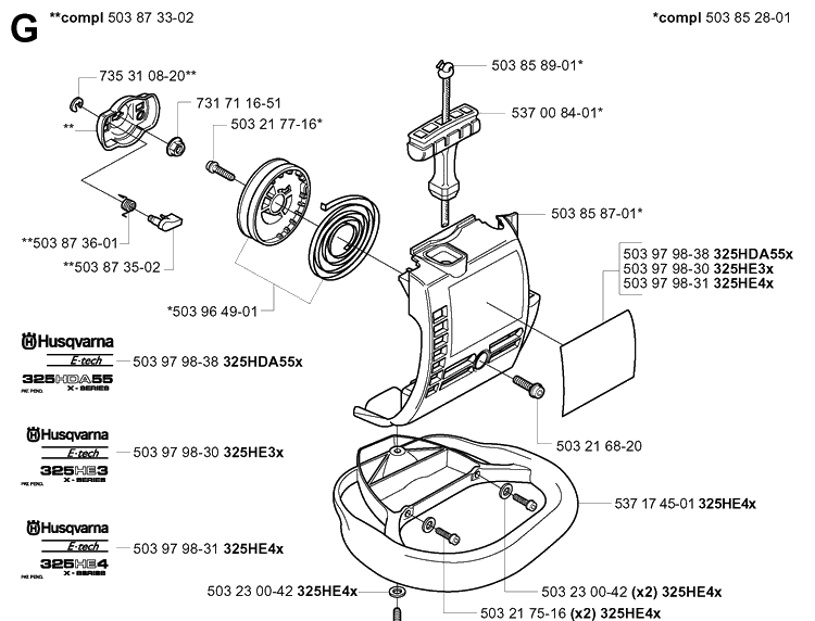 Starter Diagram and Parts List for 325HA850 20040100001-20050600000 Husqvarna Hedge Trimmer