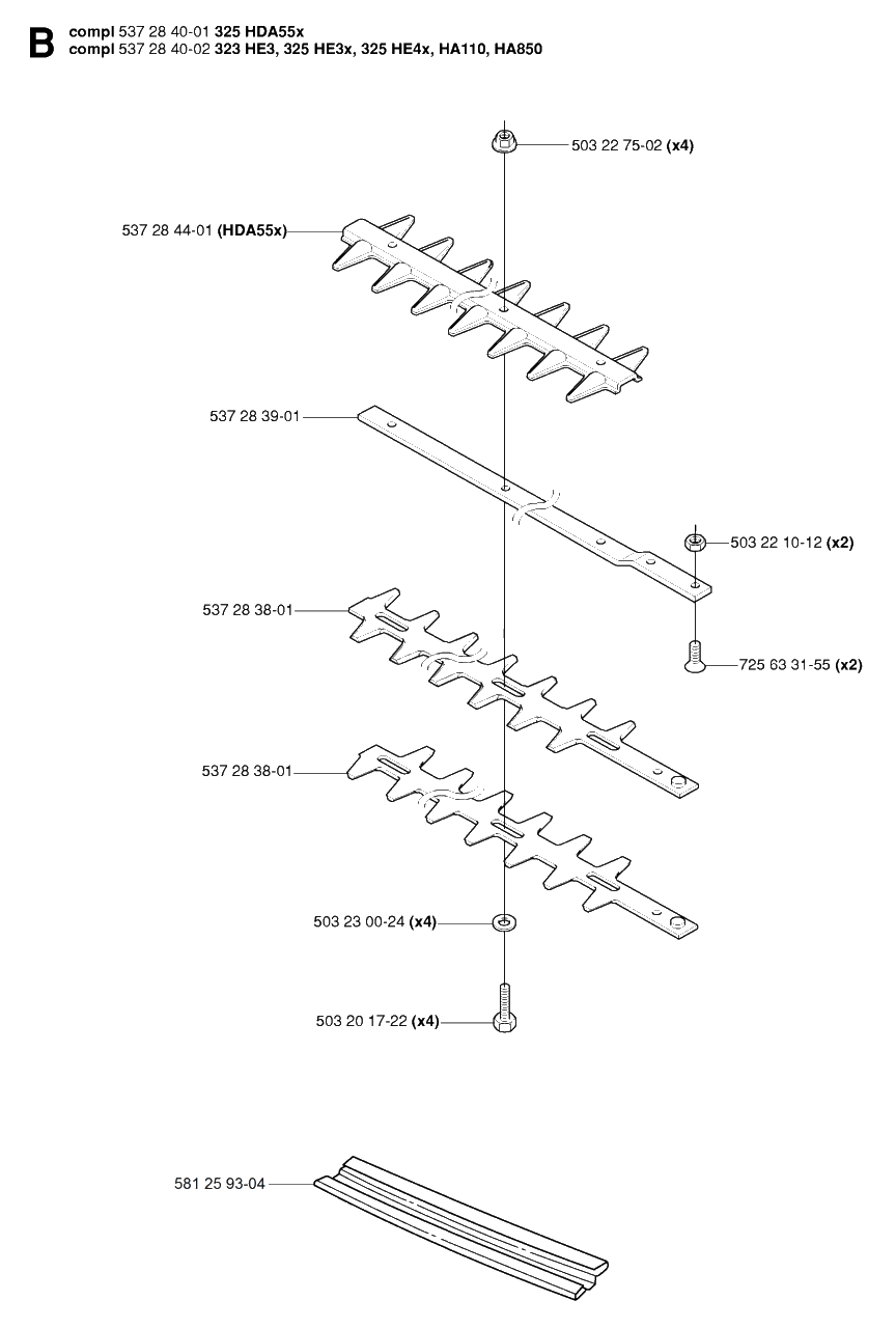 Cutting Equipment Diagram and Parts List for 325HDA55X 20054000001 & Above Husqvarna Hedge Trimmer