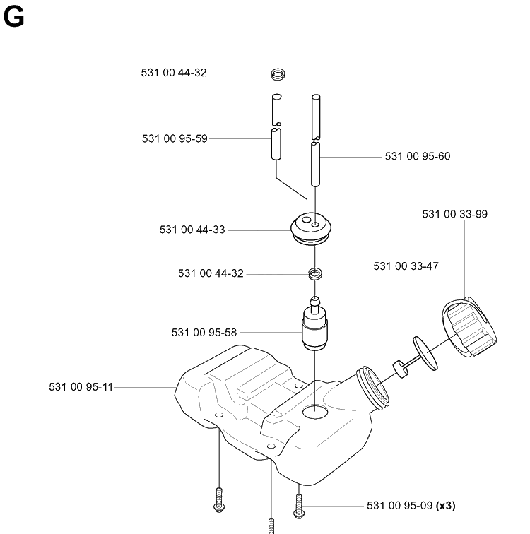 Fuel Tank Diagram and Parts List for 125BT (TH026D-AC57)(20041800001-Current) Husqvarna Leaf Blower / Vacuum