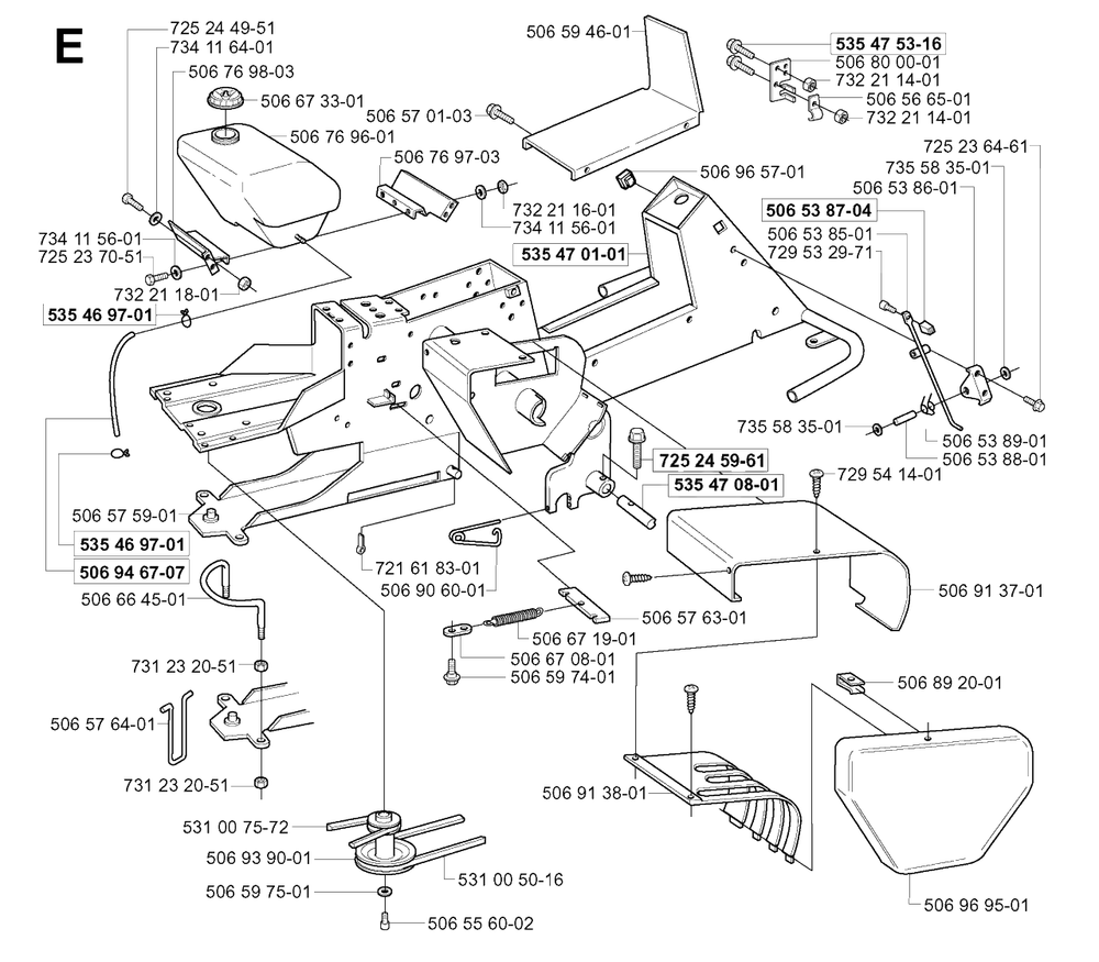 Chassis / Frame Diagram and Parts List for R13 (953950401)(2004-01) Husqvarna Lawn Tractor