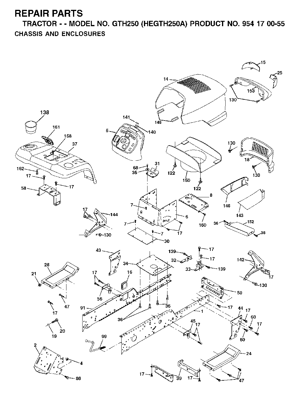 Chassis And Enclosures Diagram and Parts List for GTH250 (HEGTH250A, 954170055)(2002-03) Husqvarna Lawn Tractor
