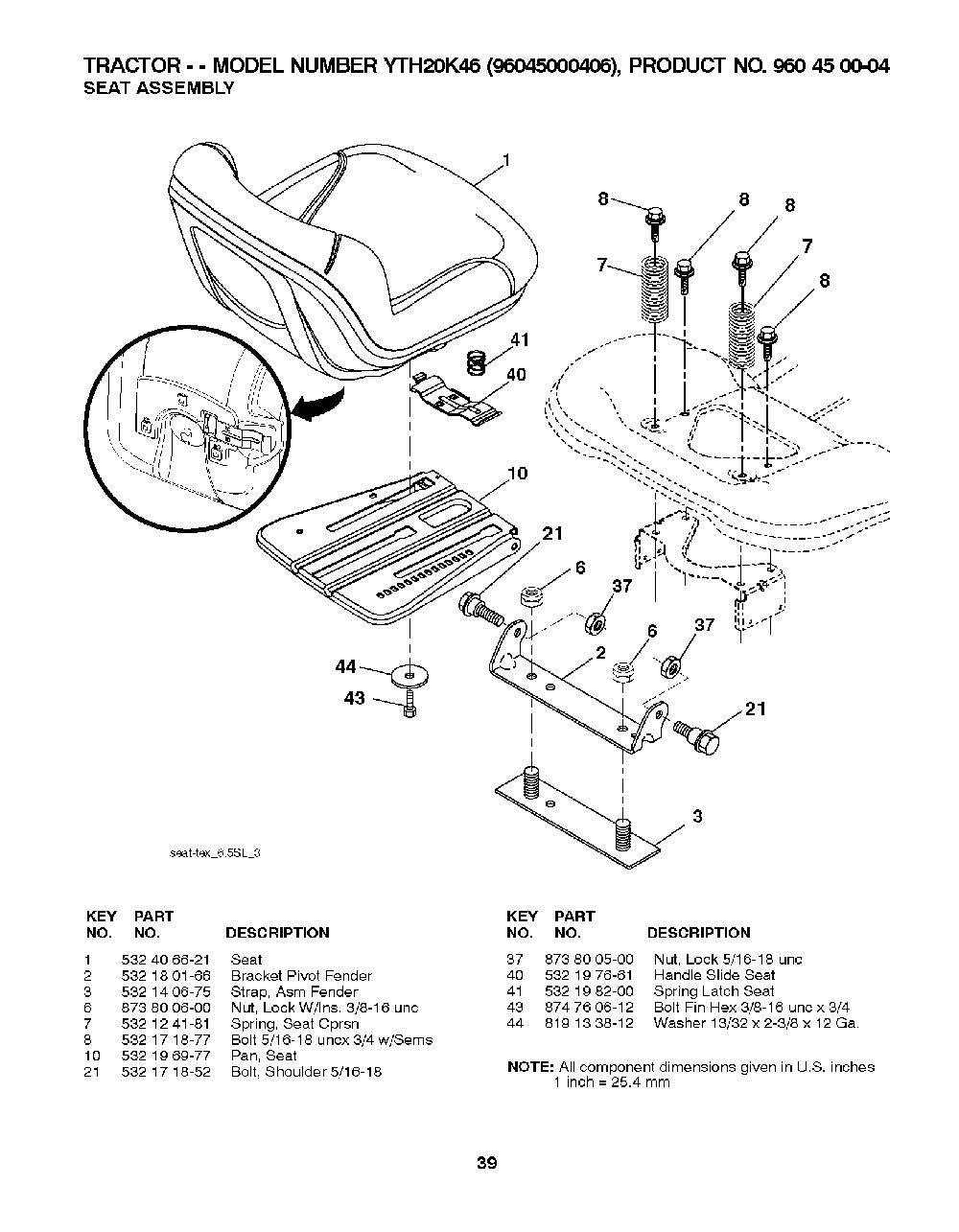 Seat Diagram and Parts List for YTH20K4696045000406 2008-03 Husqvarna Lawn Tractor