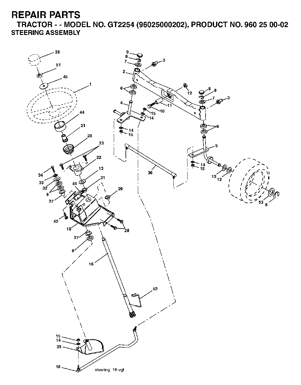 Steering Diagram and Parts List for GT2254 (96025000202)(2005-06) Husqvarna Lawn Tractor