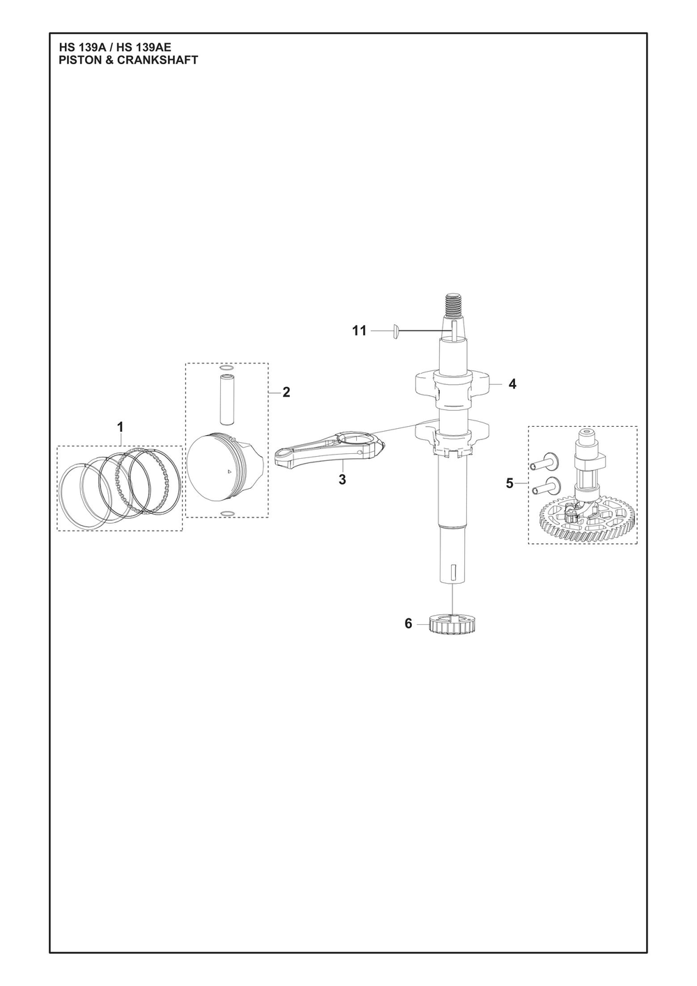 Piston And Crankshaft Diagram and Parts List for HS139A531450601 HS 139AE 531450801, 531450802 Husqvarna Engine