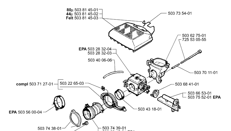 Air Filter/Carburetor Diagram and Parts List for 365EPA 1999-11 Husqvarna Chainsaw