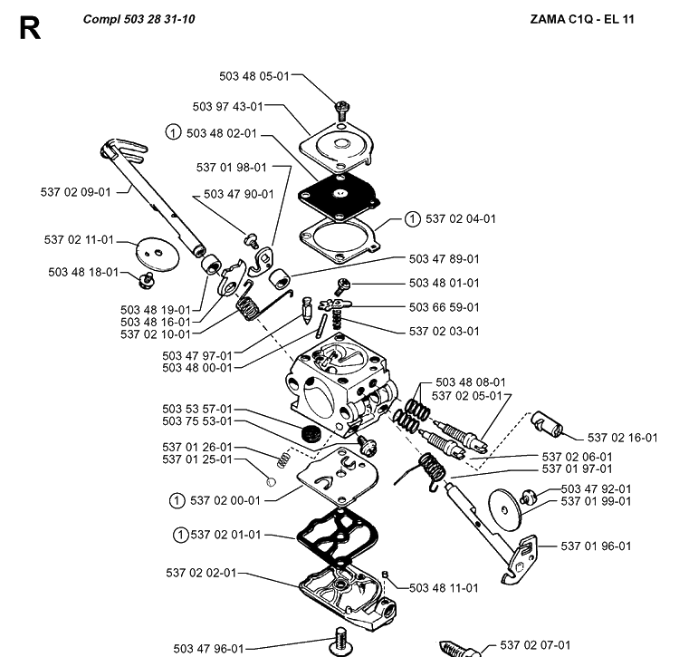 Carburetor Details Diagram and Parts List for 325RX 19991000001-20001900000 Husqvarna Brush Cutter