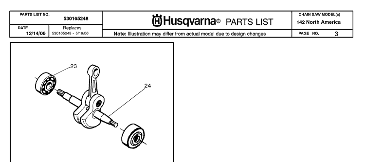 Crankshaft Diagram and Parts List for 142 20064900001-20070100000 Husqvarna Chainsaw