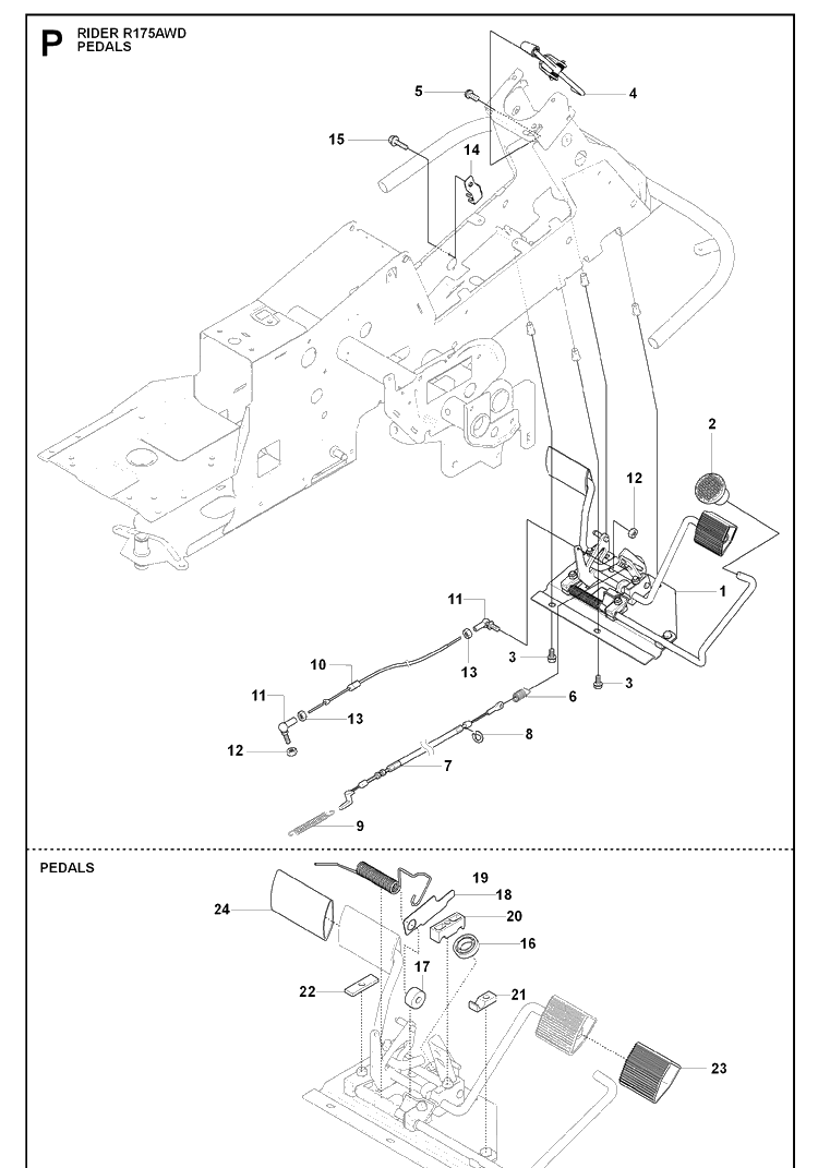 Pedals Diagram and Parts List for RIDER175AWD (965105001)(2009-04) Husqvarna Lawn Mower