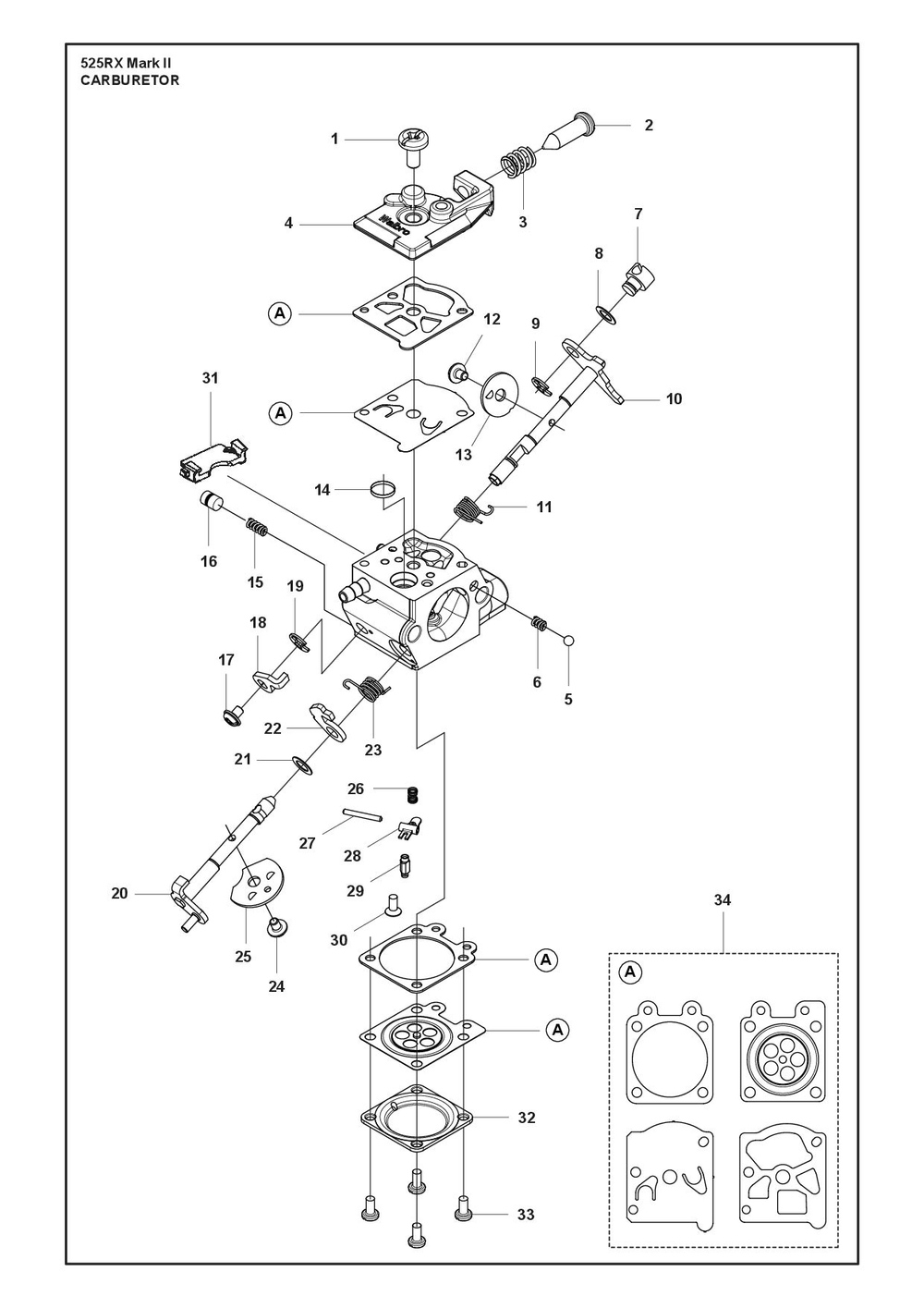 Carburetor Diagram and Parts List for 525RXMARKII  Husqvarna Brush Cutter