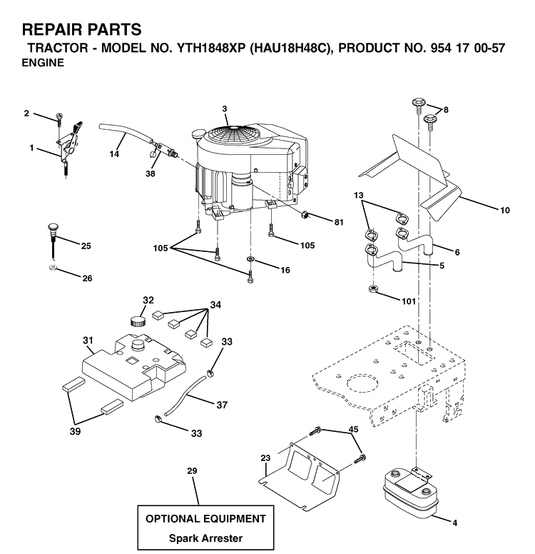 Engine Diagram and Parts List for YTH1848XP (HAU18H48C)(2003-01) Husqvarna Lawn Tractor