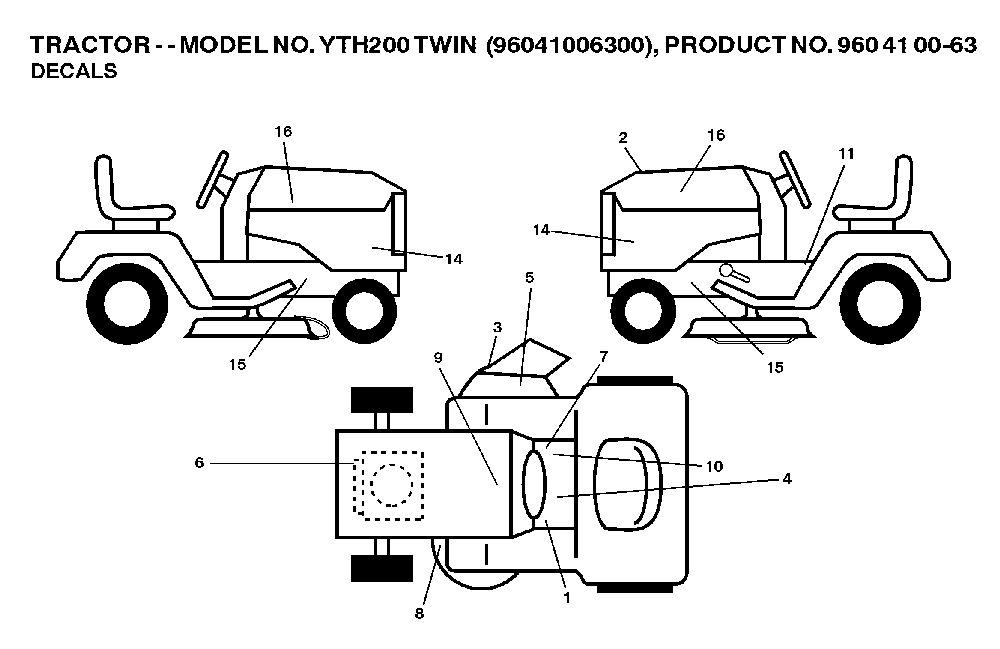 Decals Diagram and Parts List for YTH200TWIN (96041006400)(2007-10) Husqvarna Lawn Tractor