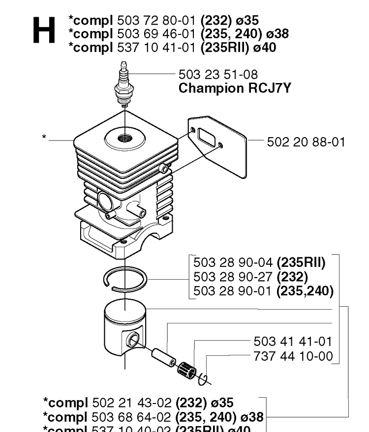 Cylinder Piston Diagram and Parts List for 235R 20023500001-20060100000 Husqvarna Brush Cutter