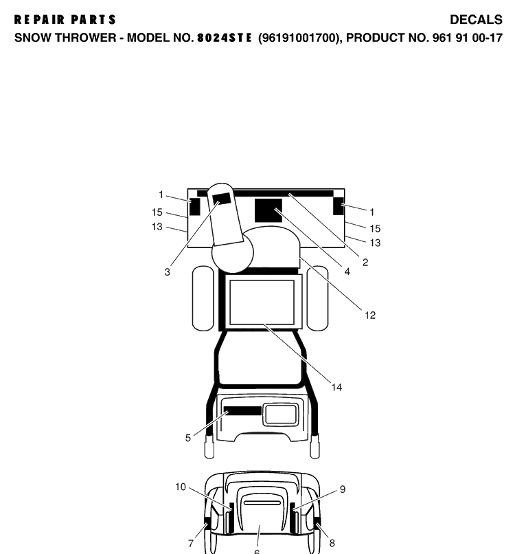 Decals Diagram and Parts List for 8024STE (96191001700)(2007-07) Husqvarna Snow Blower