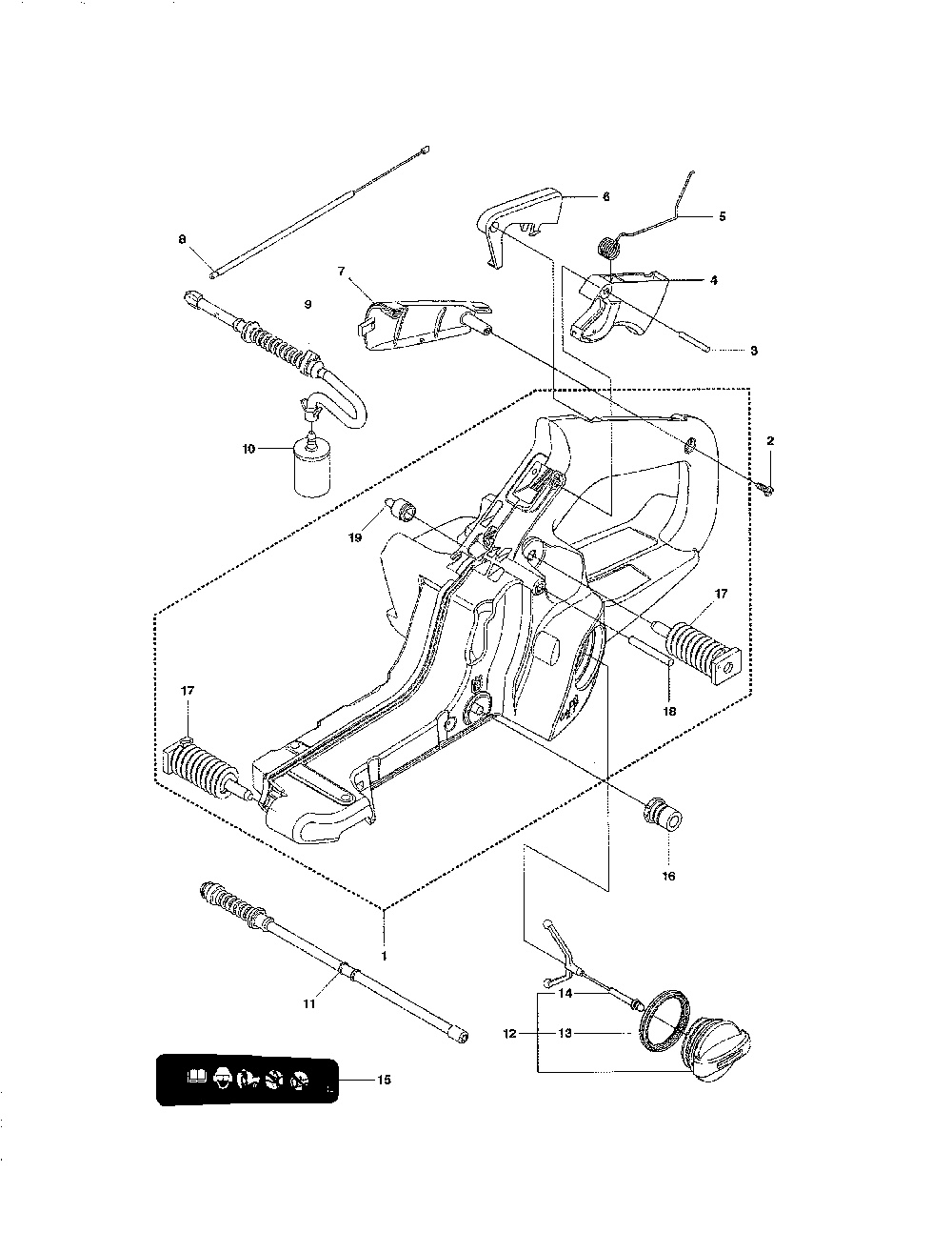 Fuel tank Diagram and Parts List for 967166101  Husqvarna Chainsaw