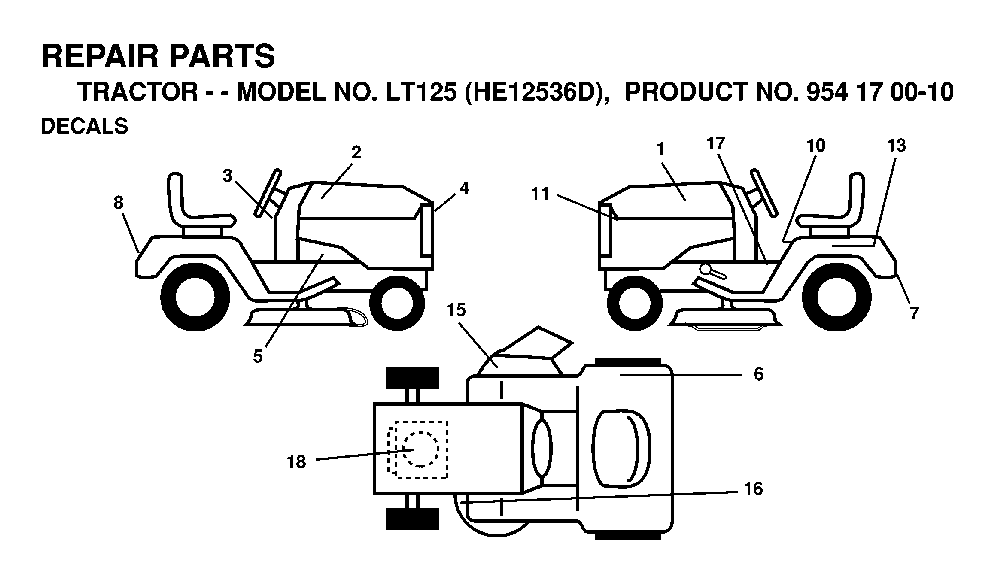 Decals Diagram and Parts List for LT125 (HE12536D, 954170010)(1998-12) Husqvarna Lawn Tractor