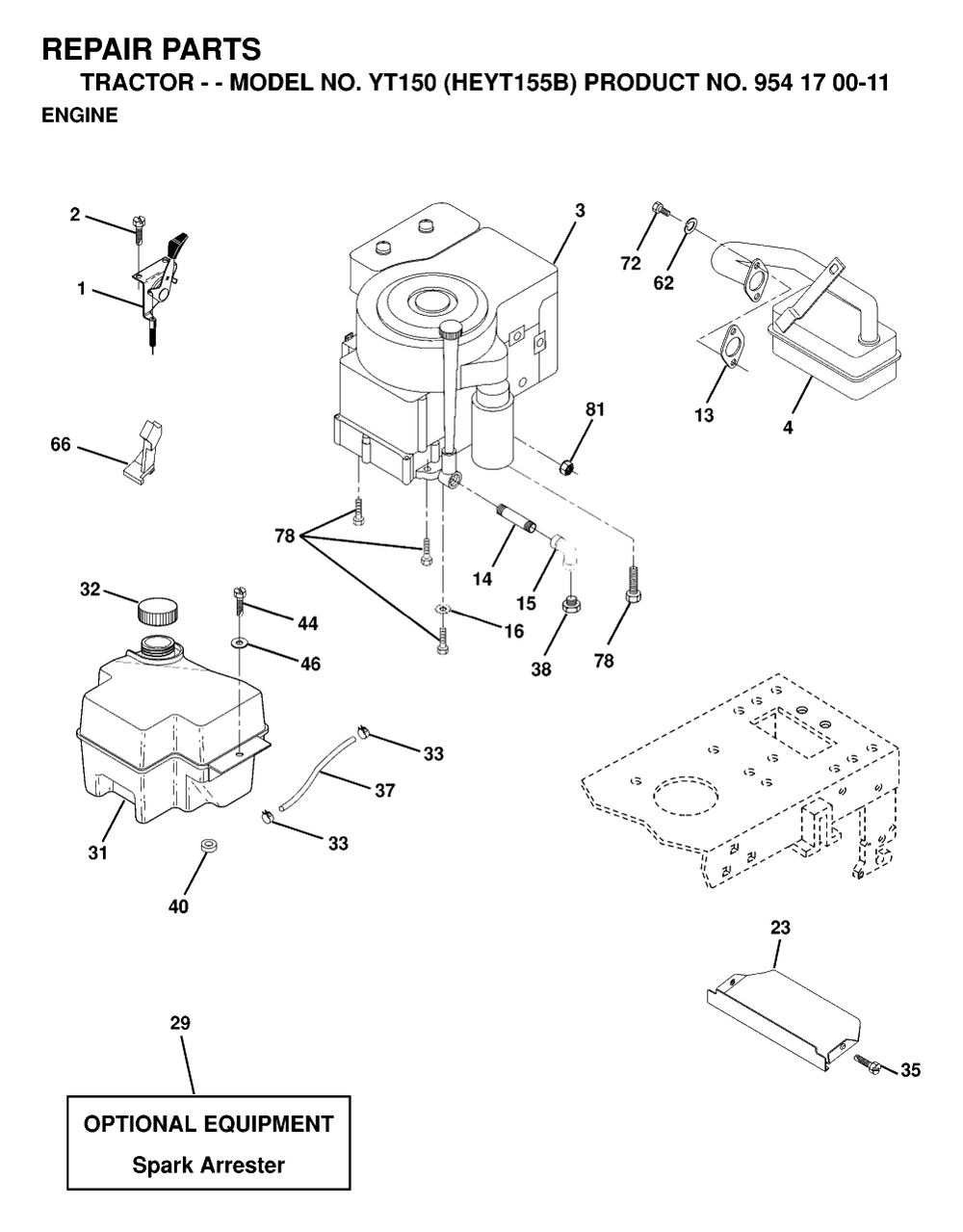 Engine And Cutting Equipment Diagram and Parts List for YT150 (954170011-B)(1998-12) Husqvarna Lawn Tractor