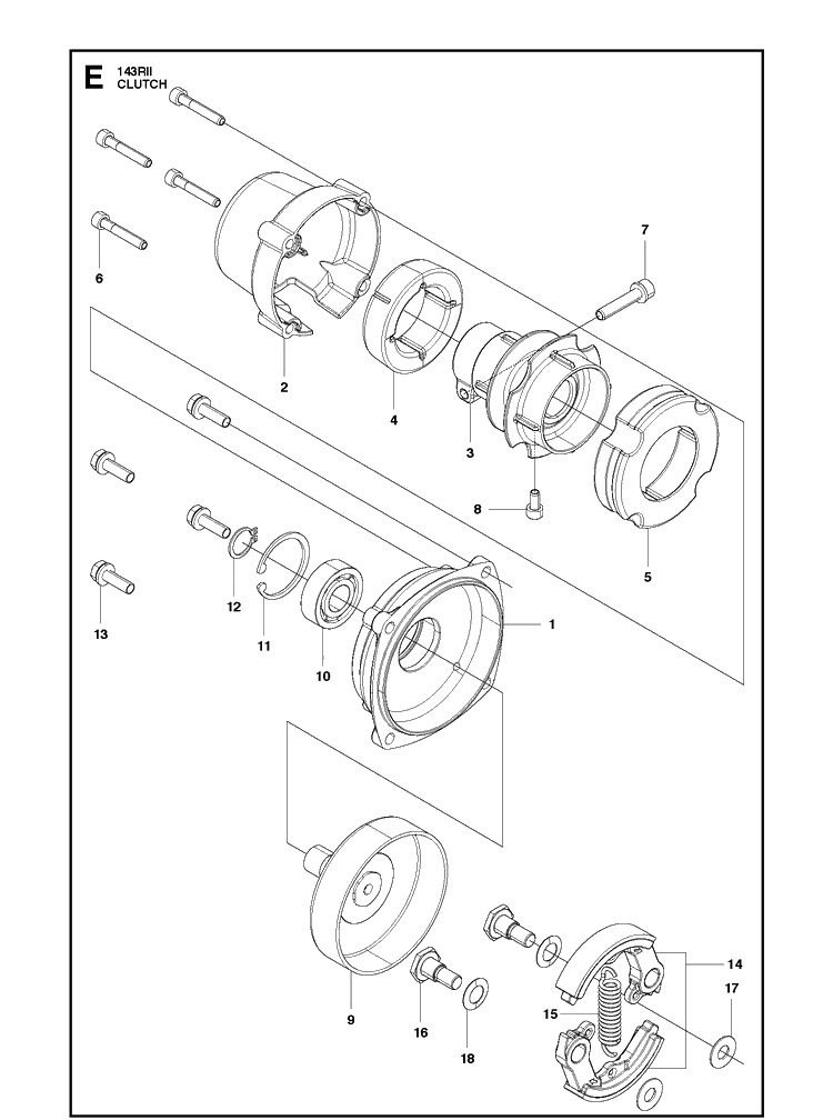 Clutch Diagram and Parts List for 143RII 20090100001-20143600000 Husqvarna Brush Cutter