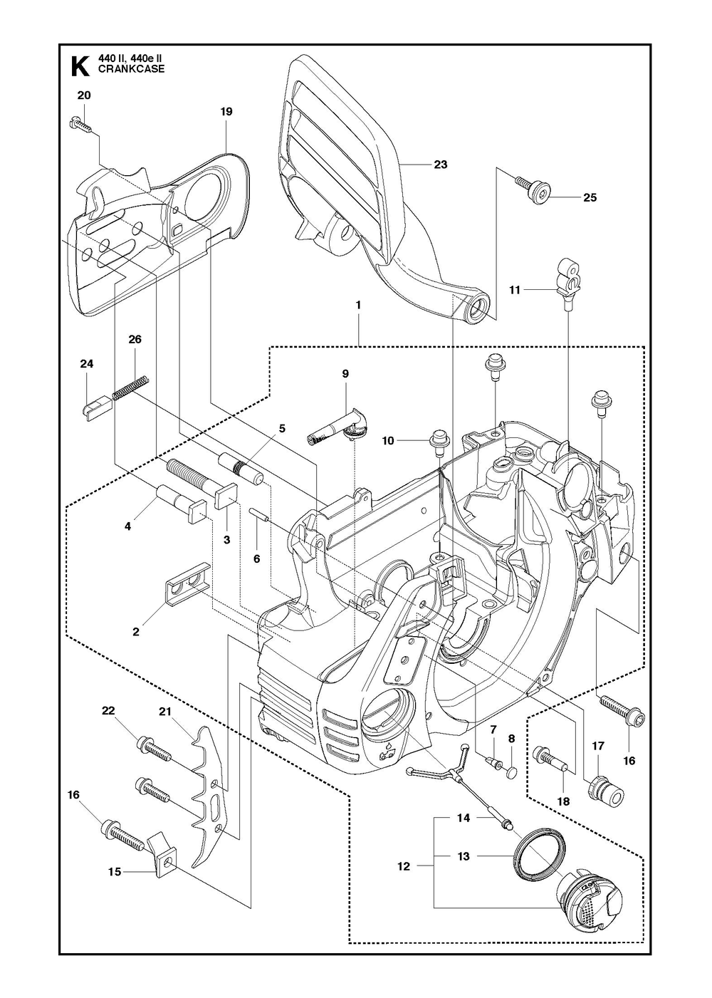 Crankcase Diagram and Parts List for 440 e-series II Husqvarna Chainsaw
