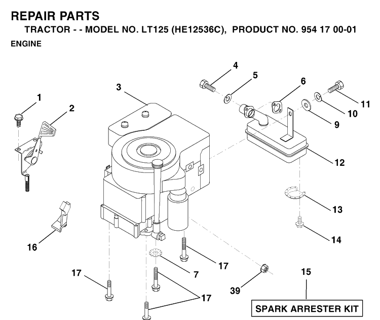 Engine Diagram and Parts List for LT125 (HE12536C)(1996-01) Husqvarna Lawn Tractor