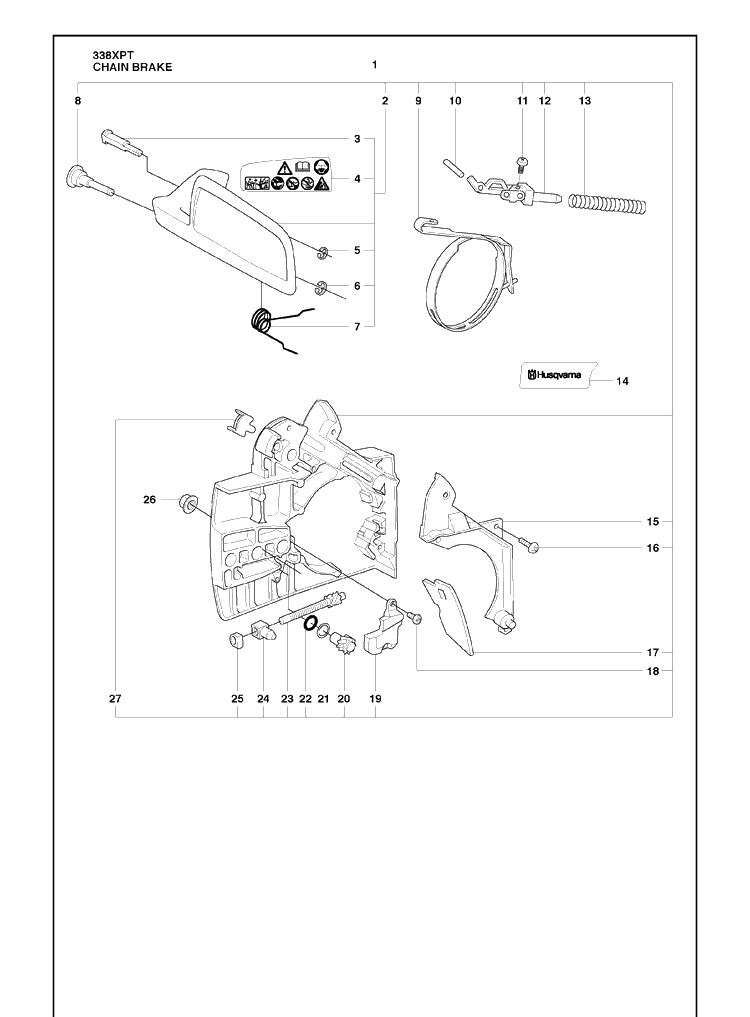 Chain Brake Diagram and Parts List for 338XPT 2010-02 Husqvarna Chainsaw