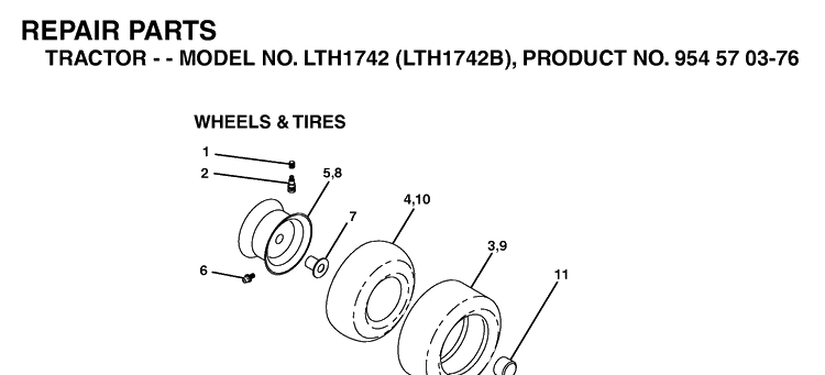 Wheels And Tires Diagram and Parts List for LTH1742-LTH1742B 2002-12 Husqvarna Lawn Tractor