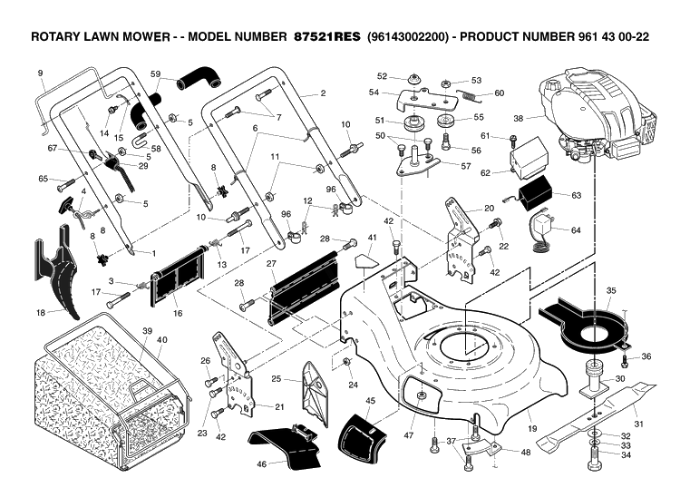 Repair Parts Diagram and Parts List for 87521RES (96143002200)(2007-02) Husqvarna Lawn Mower