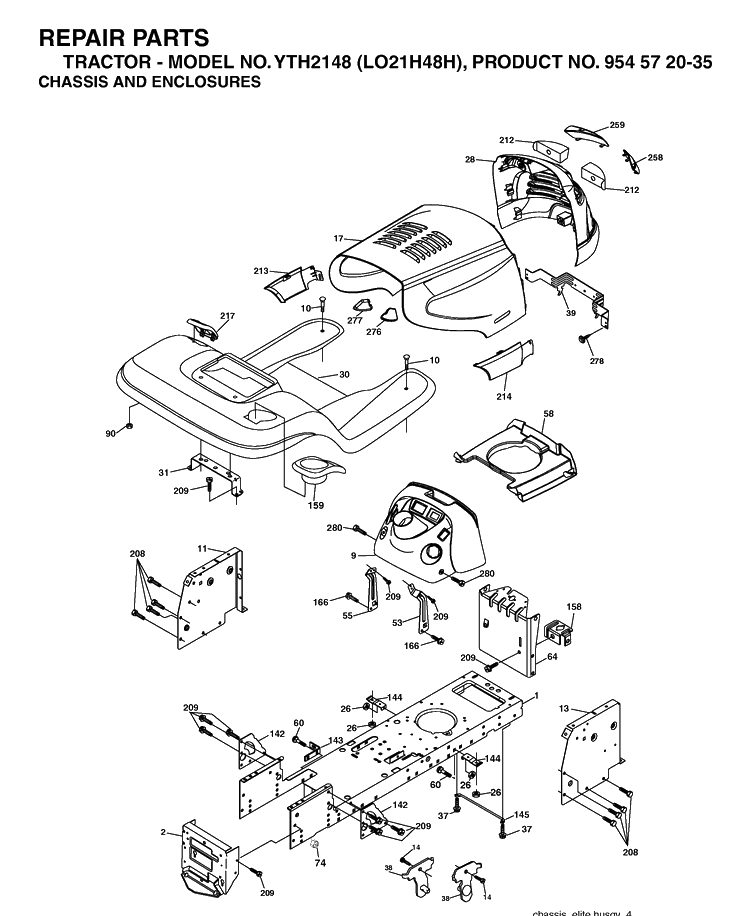 Chassis And Enclosures Diagram and Parts List for YTH2148-LO21H48H 2004-04 Husqvarna Lawn Tractor