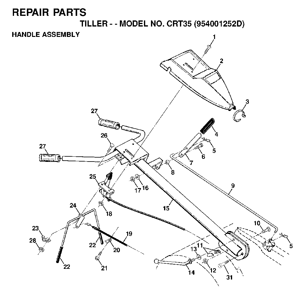 Handle And Controls Diagram and Parts List for CRT35 (954001252D)(1996-03) Husqvarna Tiller